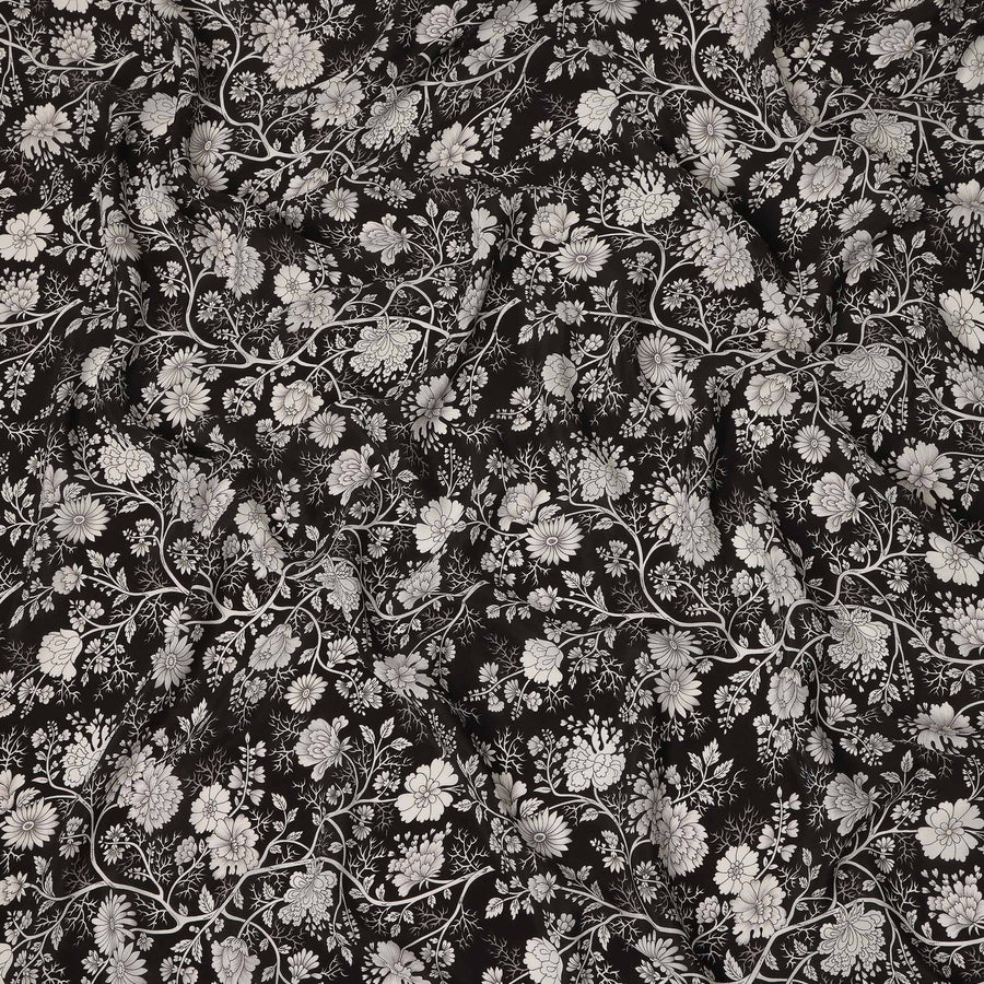 Black White Floral Botanical Printed Pure Silk Crepe Fabric Lightweight Soft Draping Dress Material 110 Cms Width India Origin-D28814 Regal Fabrics