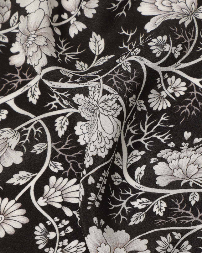 Black White Floral Botanical Printed Pure Silk Crepe Fabric Lightweight Soft Draping Dress Material 110 Cms Width India Origin-D28814 Regal Fabrics