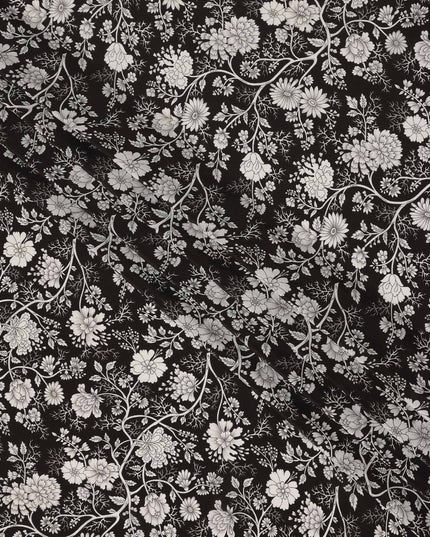 Black White Floral Botanical Printed Pure Silk Crepe Fabric Lightweight Soft Draping Dress Material 110 Cms Width India Origin-D28814 Regal Fabrics
