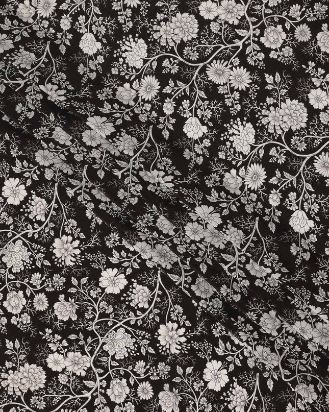 Black White Floral Botanical Printed Pure Silk Crepe Fabric Lightweight Soft Draping Dress Material 110 Cms Width India Origin-D28814 Regal Fabrics