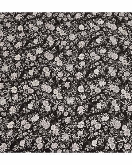 Black White Floral Botanical Printed Pure Silk Crepe Fabric Lightweight Soft Draping Dress Material 110 Cms Width India Origin-D28814 Regal Fabrics
