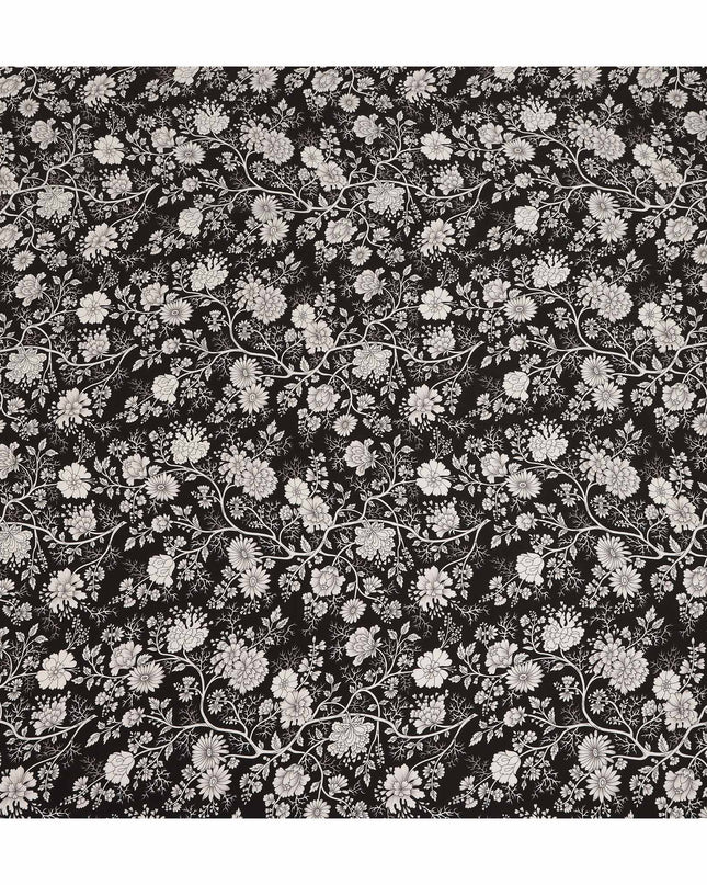 Black White Floral Botanical Printed Pure Silk Crepe Fabric Lightweight Soft Draping Dress Material 110 Cms Width India Origin-D28814 Regal Fabrics