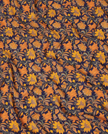 Navy Blue Mustard Floral Bird Print Pure Silk Crepe Fabric Lightweight Soft Draping Dress Material 110 Cms Width India Origin-D28800 Regal Fabrics
