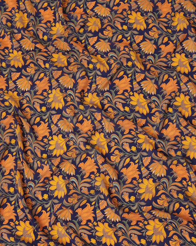 Navy Blue Mustard Floral Bird Print Pure Silk Crepe Fabric Lightweight Soft Draping Dress Material 110 Cms Width India Origin-D28800 Regal Fabrics