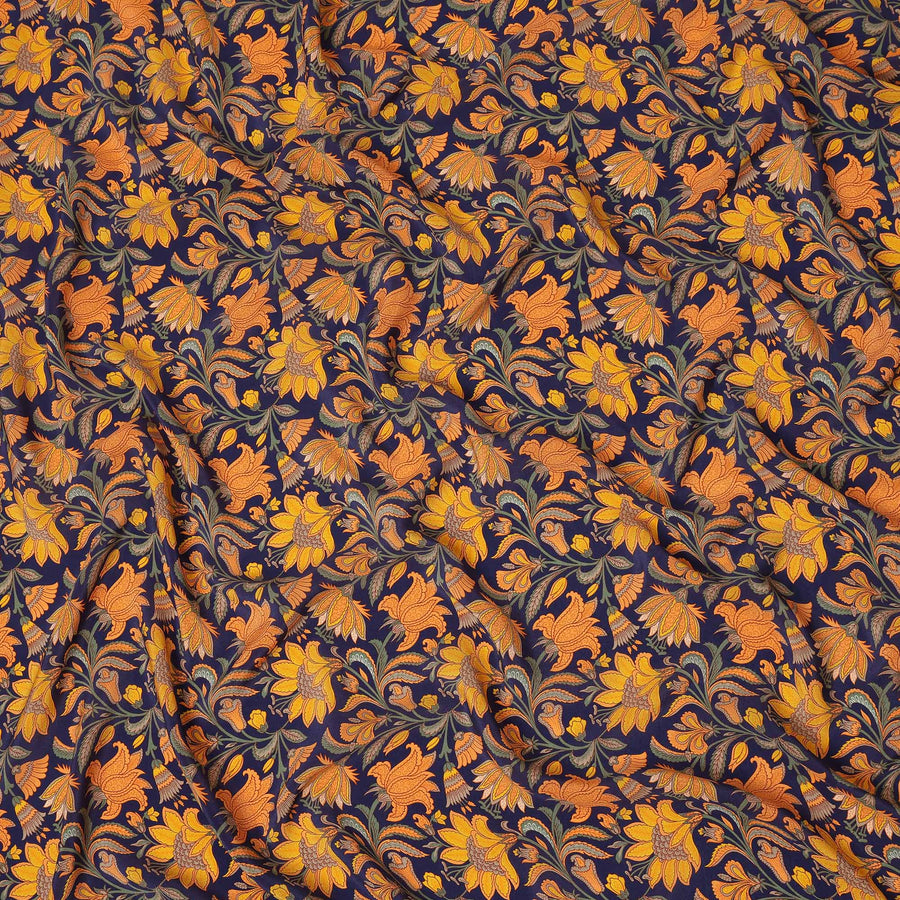 Navy Blue Mustard Floral Bird Print Pure Silk Crepe Fabric Lightweight Soft Draping Dress Material 110 Cms Width India Origin-D28800 Regal Fabrics
