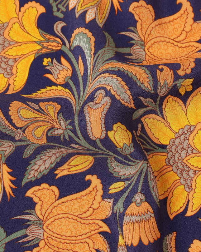 Navy Blue Mustard Floral Bird Print Pure Silk Crepe Fabric Lightweight Soft Draping Dress Material 110 Cms Width India Origin-D28800 Regal Fabrics