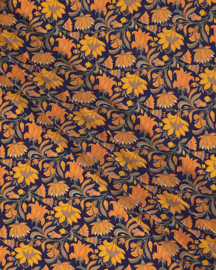 Navy Blue Mustard Floral Bird Print Pure Silk Crepe Fabric Lightweight Soft Draping Dress Material 110 Cms Width India Origin-D28800 Regal Fabrics