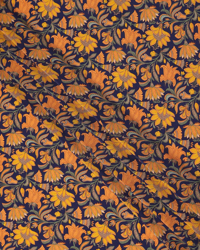 Navy Blue Mustard Floral Bird Print Pure Silk Crepe Fabric Lightweight Soft Draping Dress Material 110 Cms Width India Origin-D28800 Regal Fabrics