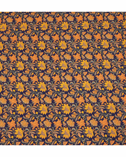 Navy Blue Mustard Floral Bird Print Pure Silk Crepe Fabric Lightweight Soft Draping Dress Material 110 Cms Width India Origin-D28800 Regal Fabrics