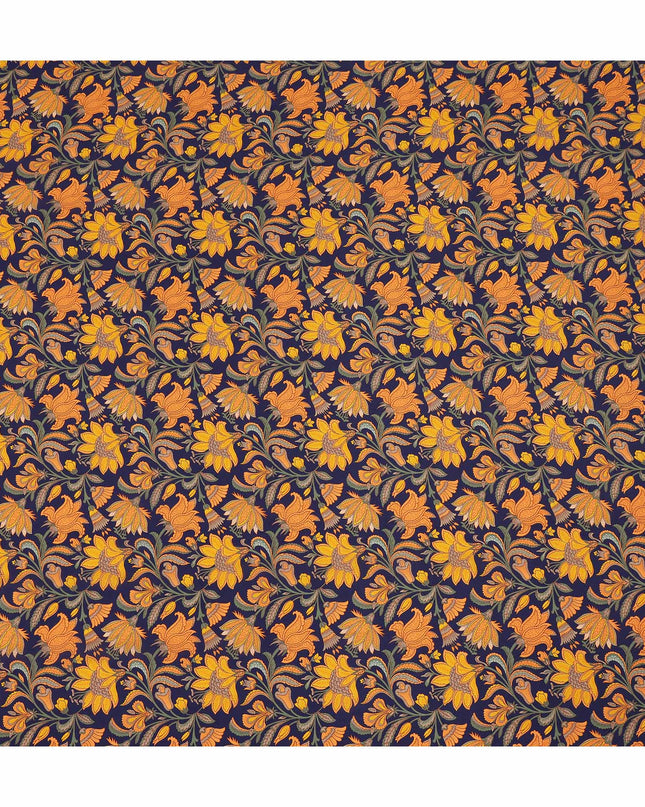 Navy Blue Mustard Floral Bird Print Pure Silk Crepe Fabric Lightweight Soft Draping Dress Material 110 Cms Width India Origin-D28800 Regal Fabrics
