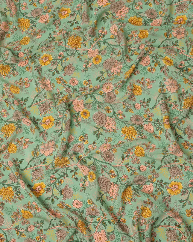 Mint Green Yellow Floral Garden Printed Pure Silk Crepe Fabric Lightweight Soft Draping Dress Material 110 Cms Width India Origin-D28811 Regal Fabrics