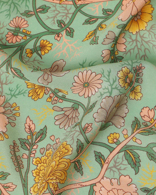 Mint Green Yellow Floral Garden Printed Pure Silk Crepe Fabric Lightweight Soft Draping Dress Material 110 Cms Width India Origin-D28811 Regal Fabrics