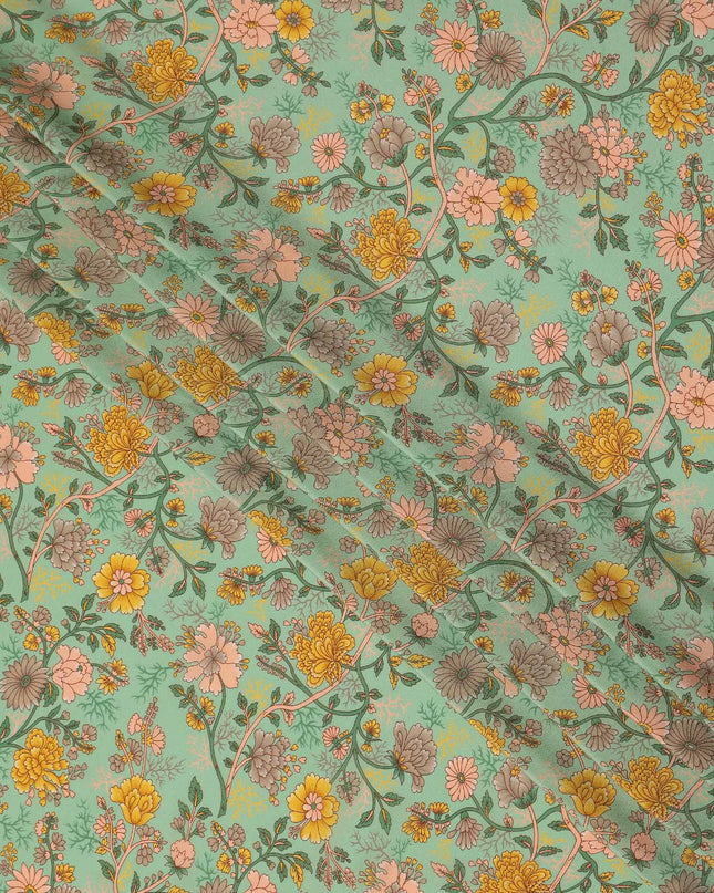 Mint Green Yellow Floral Garden Printed Pure Silk Crepe Fabric Lightweight Soft Draping Dress Material 110 Cms Width India Origin-D28811 Regal Fabrics