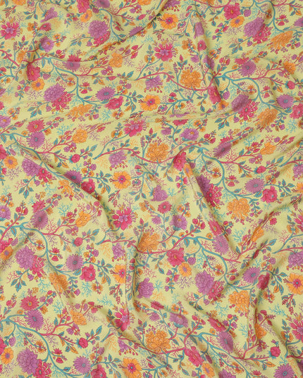 Light Yellow Multicolor Floral Garden Printed Pure Silk Crepe Fabric Lightweight Soft Draping Dress Material 110 Cms Width India Origin-D28812 Regal Fabrics