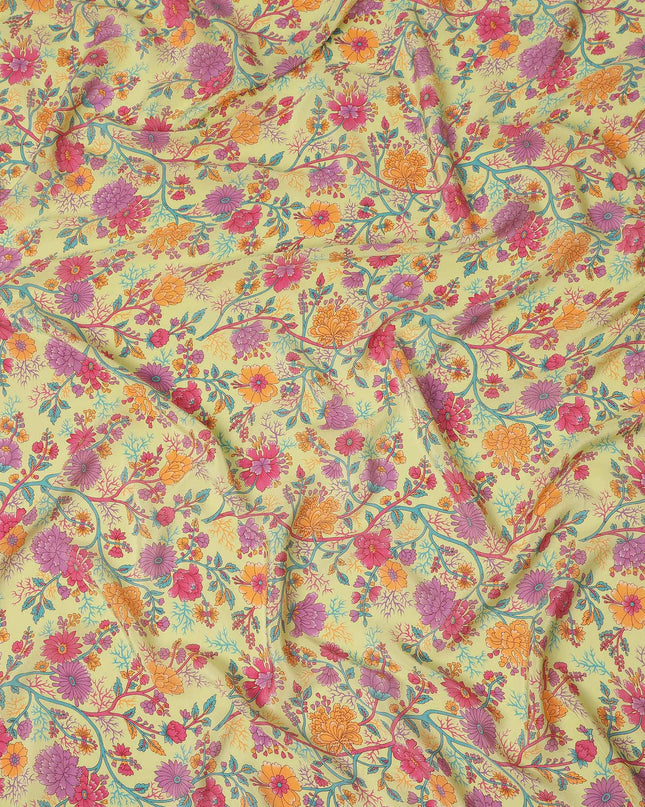 Light Yellow Multicolor Floral Garden Printed Pure Silk Crepe Fabric Lightweight Soft Draping Dress Material 110 Cms Width India Origin-D28812 Regal Fabrics