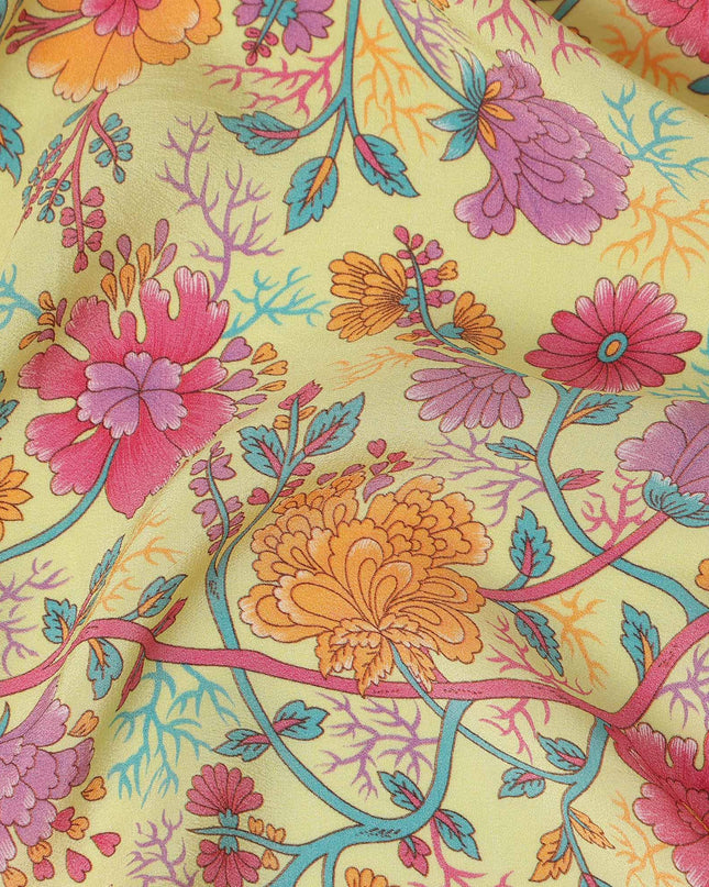 Light Yellow Multicolor Floral Garden Printed Pure Silk Crepe Fabric Lightweight Soft Draping Dress Material 110 Cms Width India Origin-D28812 Regal Fabrics