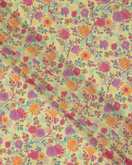 Light Yellow Multicolor Floral Garden Printed Pure Silk Crepe Fabric Lightweight Soft Draping Dress Material 110 Cms Width India Origin-D28812 Regal Fabrics