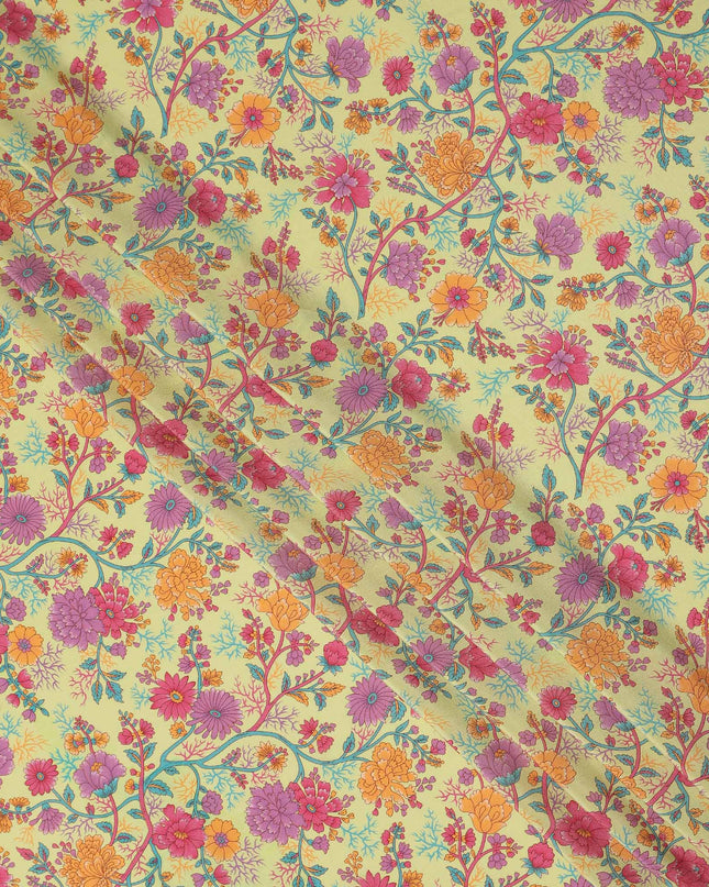 Light Yellow Multicolor Floral Garden Printed Pure Silk Crepe Fabric Lightweight Soft Draping Dress Material 110 Cms Width India Origin-D28812 Regal Fabrics