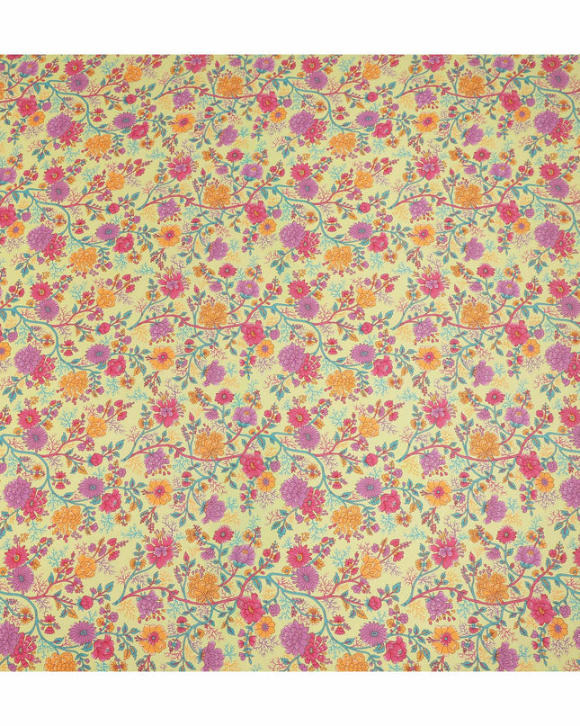 Light Yellow Multicolor Floral Garden Printed Pure Silk Crepe Fabric Lightweight Soft Draping Dress Material 110 Cms Width India Origin-D28812 Regal Fabrics