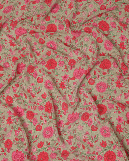 Beige Pink Floral Garden Printed Pure Silk Crepe Fabric Lightweight Soft Draping Dress Material 110 Cms Width India Origin-D28803 Regal Fabrics
