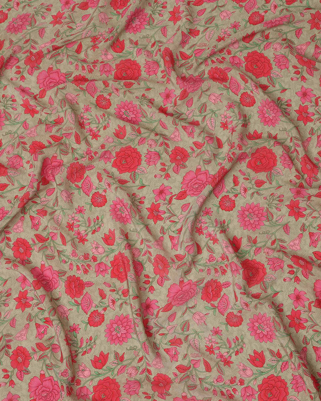 Beige Pink Floral Garden Printed Pure Silk Crepe Fabric Lightweight Soft Draping Dress Material 110 Cms Width India Origin-D28803 Regal Fabrics