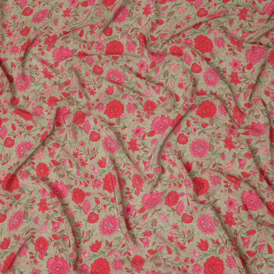 Beige Pink Floral Garden Printed Pure Silk Crepe Fabric Lightweight Soft Draping Dress Material 110 Cms Width India Origin-D28803 Regal Fabrics