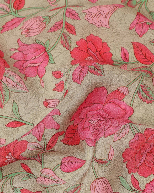 Beige Pink Floral Garden Printed Pure Silk Crepe Fabric Lightweight Soft Draping Dress Material 110 Cms Width India Origin-D28803 Regal Fabrics