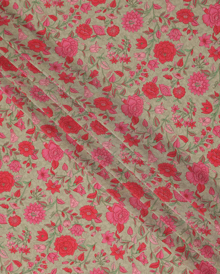 Beige Pink Floral Garden Printed Pure Silk Crepe Fabric Lightweight Soft Draping Dress Material 110 Cms Width India Origin-D28803 Regal Fabrics