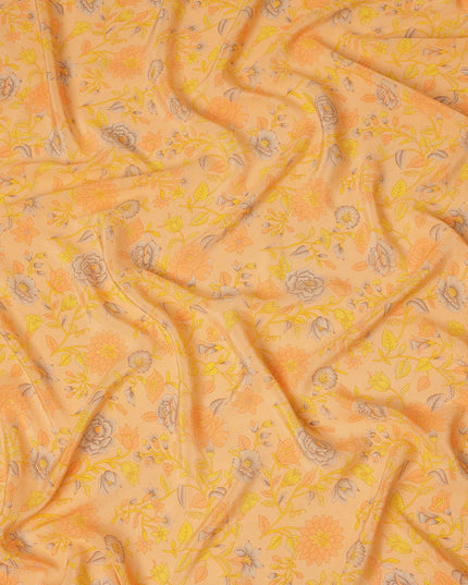 Peach Yellow Floral Botanical Printed Pure Silk Crepe Fabric Lightweight Soft Draping Dress Material 110 Cms Width India Origin-D28801 Regal Fabrics