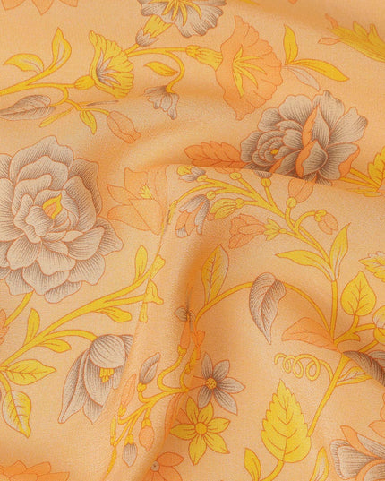 Peach Yellow Floral Botanical Printed Pure Silk Crepe Fabric Lightweight Soft Draping Dress Material 110 Cms Width India Origin-D28801 Regal Fabrics