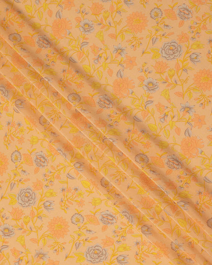 Peach Yellow Floral Botanical Printed Pure Silk Crepe Fabric Lightweight Soft Draping Dress Material 110 Cms Width India Origin-D28801 Regal Fabrics