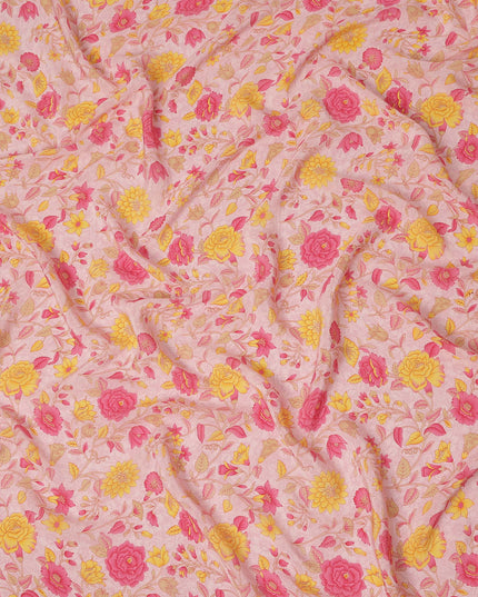 Light Pink Yellow Floral Garden Printed Pure Silk Crepe Fabric Lightweight Soft Draping Dress Material 110 Cms Width India Origin-D28802 Regal Fabrics