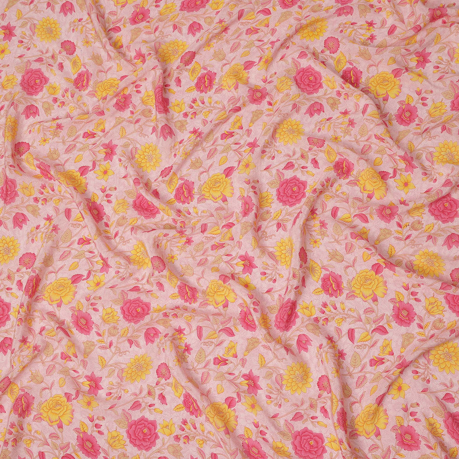 Light Pink Yellow Floral Garden Printed Pure Silk Crepe Fabric Lightweight Soft Draping Dress Material 110 Cms Width India Origin-D28802 Regal Fabrics