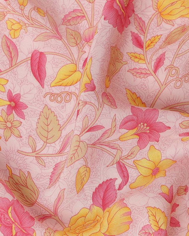 Light Pink Yellow Floral Garden Printed Pure Silk Crepe Fabric Lightweight Soft Draping Dress Material 110 Cms Width India Origin-D28802 Regal Fabrics