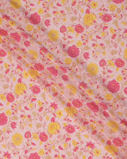 Light Pink Yellow Floral Garden Printed Pure Silk Crepe Fabric Lightweight Soft Draping Dress Material 110 Cms Width India Origin-D28802 Regal Fabrics