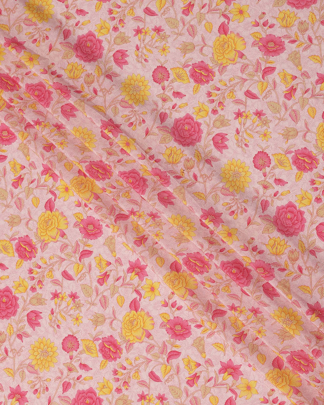 Light Pink Yellow Floral Garden Printed Pure Silk Crepe Fabric Lightweight Soft Draping Dress Material 110 Cms Width India Origin-D28802 Regal Fabrics