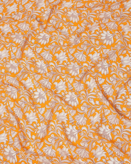 Orange White Floral Vine Printed Pure Silk Crepe Fabric Lightweight Soft Draping Dress Material 110 Cms Width India Origin-D28799 Regal Fabrics