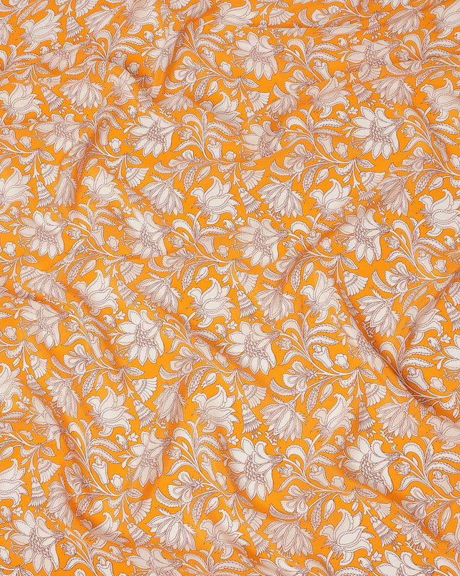 Orange White Floral Vine Printed Pure Silk Crepe Fabric Lightweight Soft Draping Dress Material 110 Cms Width India Origin-D28799 Regal Fabrics
