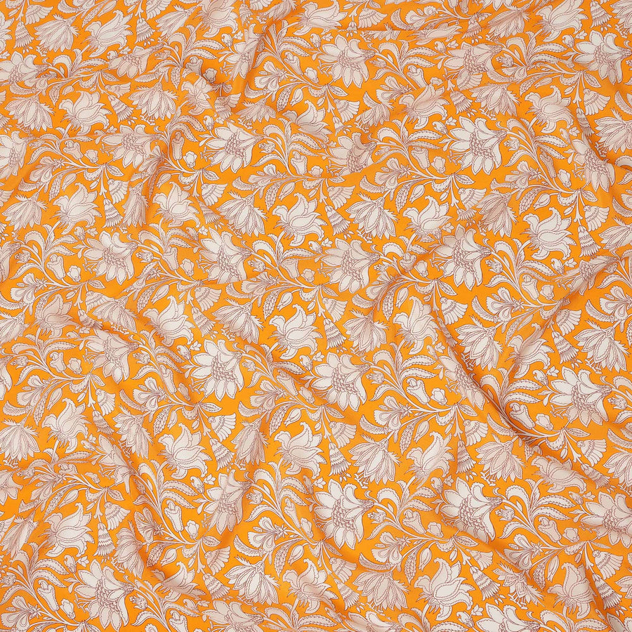 Orange White Floral Vine Printed Pure Silk Crepe Fabric Lightweight Soft Draping Dress Material 110 Cms Width India Origin-D28799 Regal Fabrics