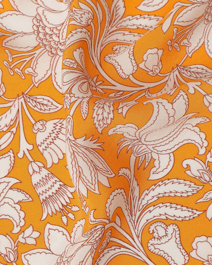 Orange White Floral Vine Printed Pure Silk Crepe Fabric Lightweight Soft Draping Dress Material 110 Cms Width India Origin-D28799 Regal Fabrics
