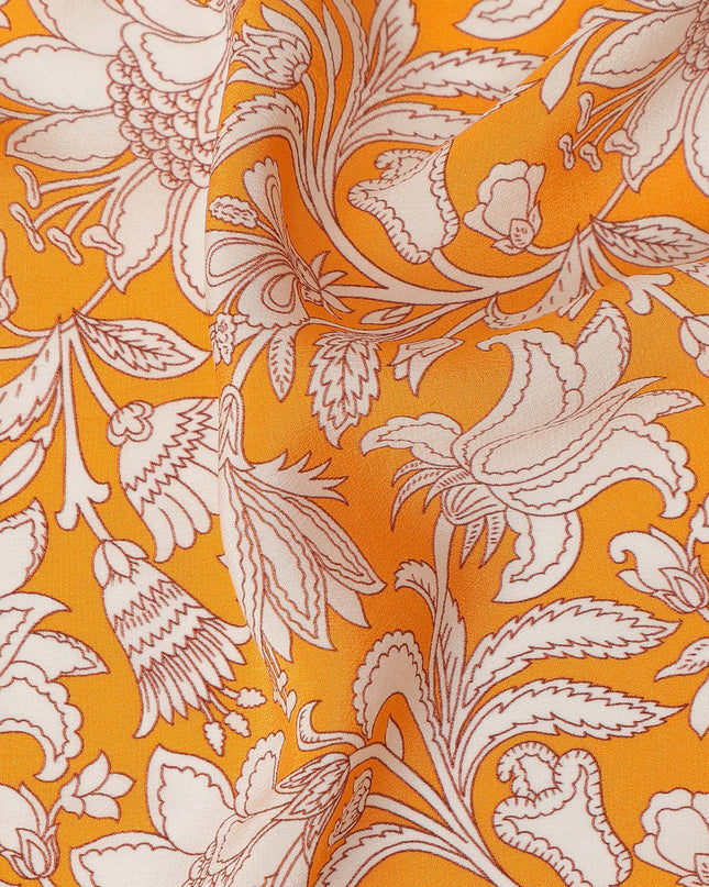 Orange White Floral Vine Printed Pure Silk Crepe Fabric Lightweight Soft Draping Dress Material 110 Cms Width India Origin-D28799 Regal Fabrics