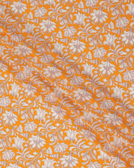 Orange White Floral Vine Printed Pure Silk Crepe Fabric Lightweight Soft Draping Dress Material 110 Cms Width India Origin-D28799 Regal Fabrics