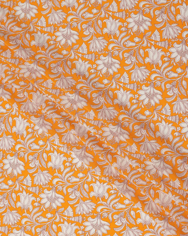 Orange White Floral Vine Printed Pure Silk Crepe Fabric Lightweight Soft Draping Dress Material 110 Cms Width India Origin-D28799 Regal Fabrics