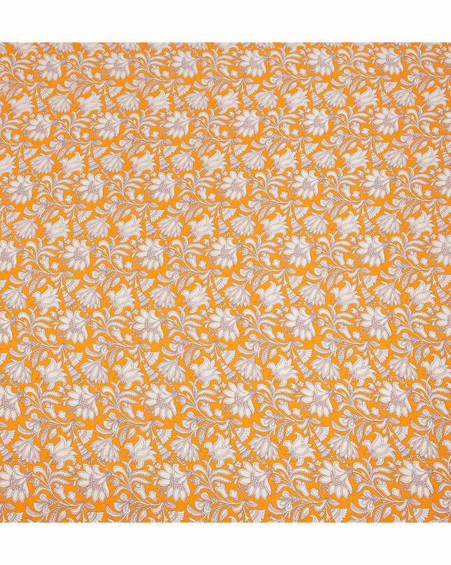 Orange White Floral Vine Printed Pure Silk Crepe Fabric Lightweight Soft Draping Dress Material 110 Cms Width India Origin-D28799 Regal Fabrics