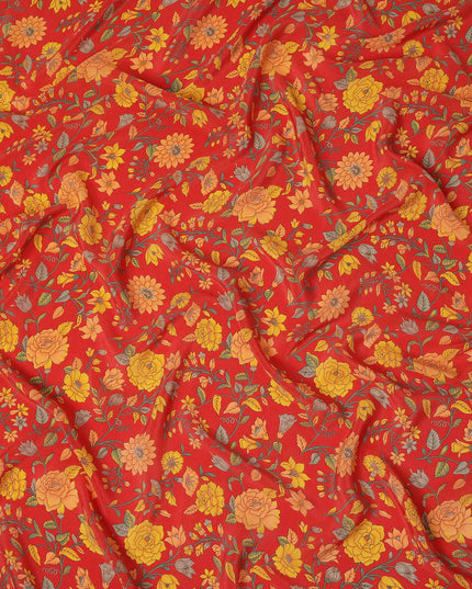 Red Yellow Floral Garden Printed Pure Silk Crepe Fabric Lightweight Soft Draping Dress Material 110 Cms Width India Origin-D28805 Regal Fabrics