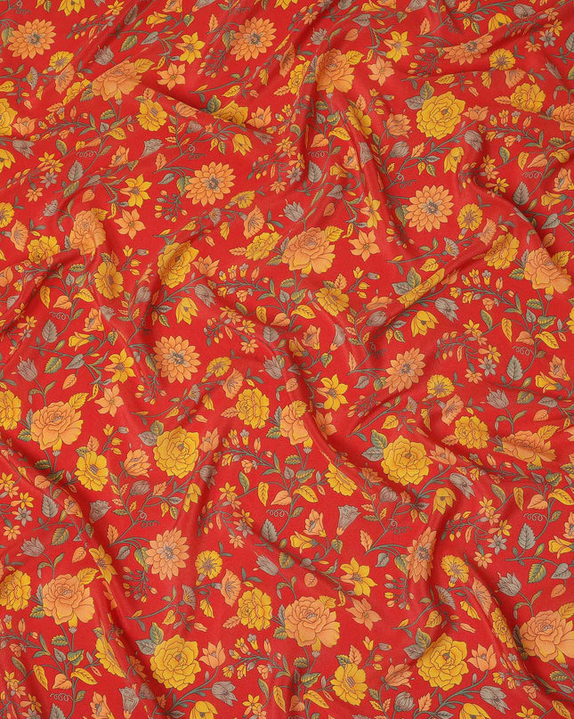 Red Yellow Floral Garden Printed Pure Silk Crepe Fabric Lightweight Soft Draping Dress Material 110 Cms Width India Origin-D28805 Regal Fabrics