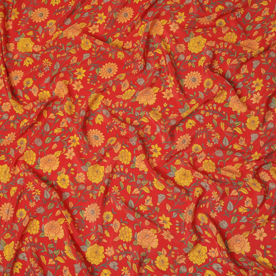Red Yellow Floral Garden Printed Pure Silk Crepe Fabric Lightweight Soft Draping Dress Material 110 Cms Width India Origin-D28805 Regal Fabrics