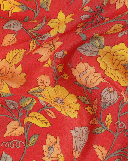 Red Yellow Floral Garden Printed Pure Silk Crepe Fabric Lightweight Soft Draping Dress Material 110 Cms Width India Origin-D28805 Regal Fabrics