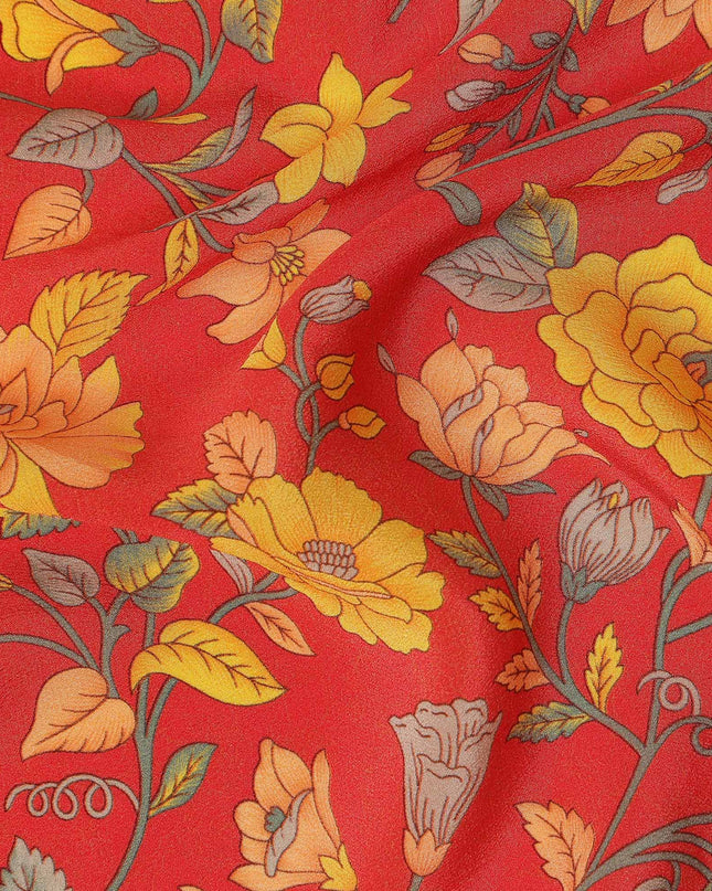 Red Yellow Floral Garden Printed Pure Silk Crepe Fabric Lightweight Soft Draping Dress Material 110 Cms Width India Origin-D28805 Regal Fabrics