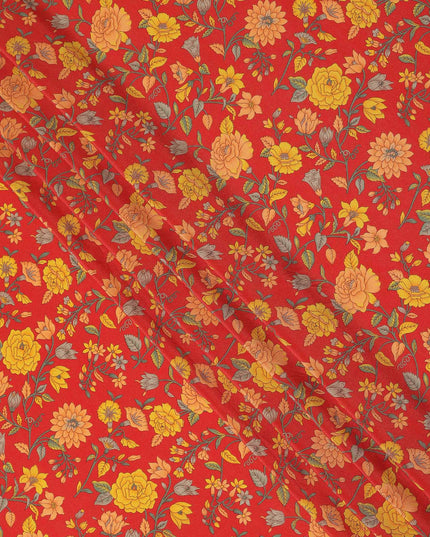 Red Yellow Floral Garden Printed Pure Silk Crepe Fabric Lightweight Soft Draping Dress Material 110 Cms Width India Origin-D28805 Regal Fabrics